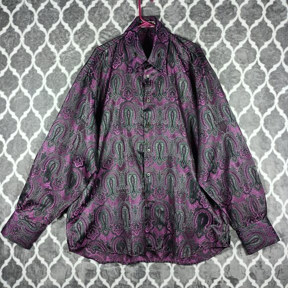 Angelino for Bermuda Men Shirt Men Size 5XL Purple Black Paisley Brocade Flashy - Picture 14 of 14